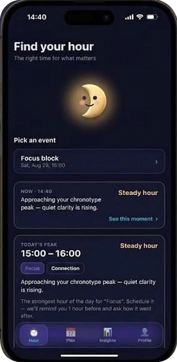 Find your hour — Today’s peak window, what is happening right now, and the right time for the event you picked.